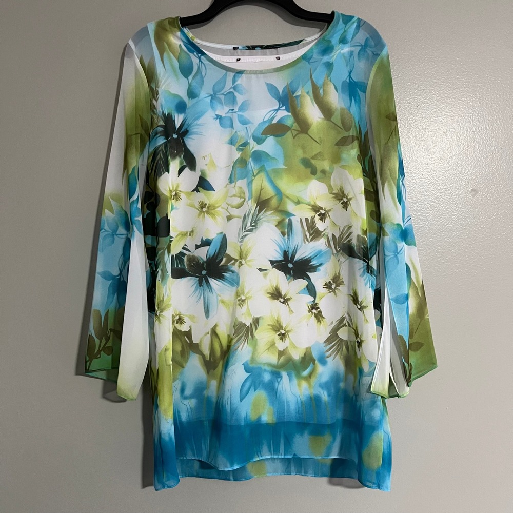Floral Split Sleeve Layered Chiffon Tunic Top‎ Blue Green size L boho tropical